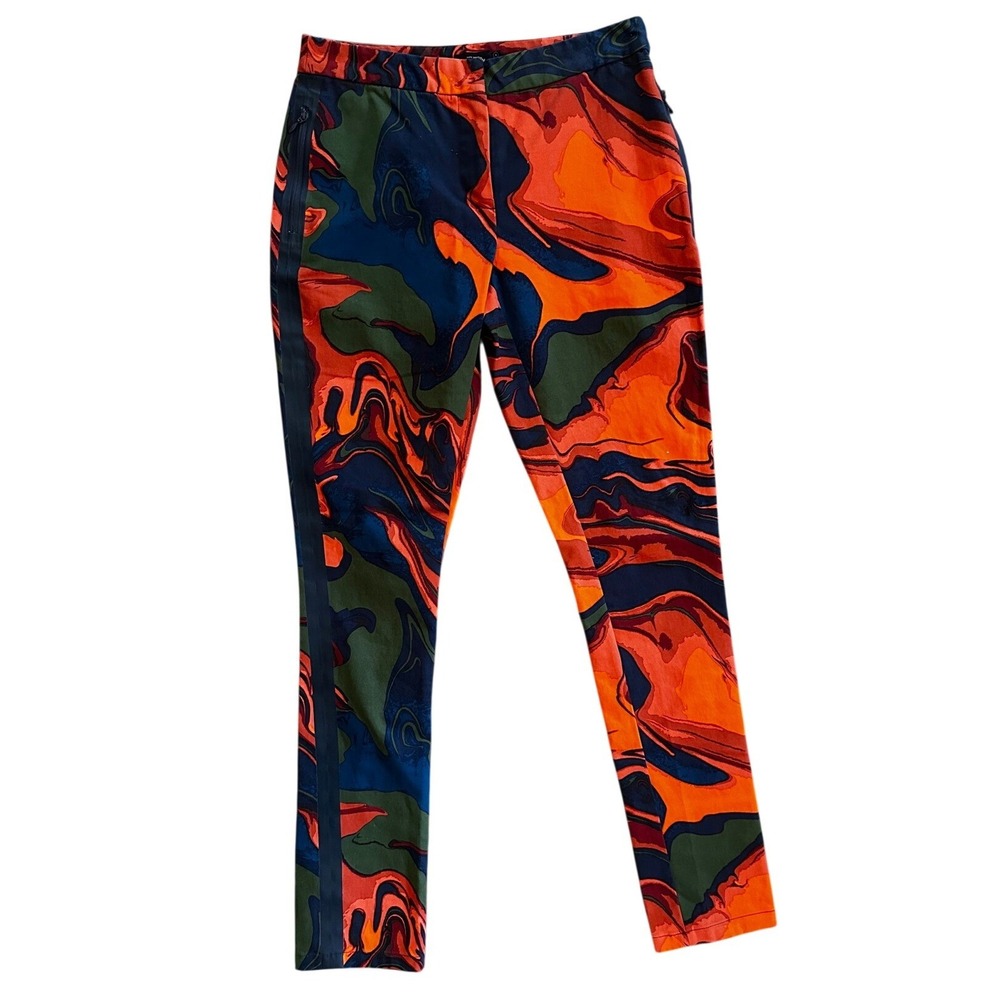 Kate Spade Saturday Womens Orange Navy Marble Swirl Print Side Stripe Pants 4